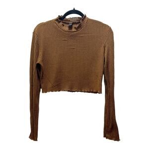 Shein Waffle Knit Brown Long Sleeve Mock Neck Crop Top Scalloped Hem Size Large